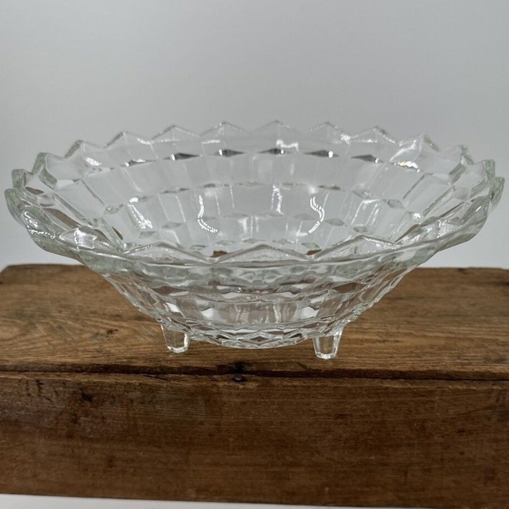 Vintage Indiana Glass Whitehall Clear Cubist 3 Footed Serving Bowl 9.5" MCM